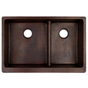 Premier Copper Products KA60DB33229-SD5 33-Inch Hammered Copper Kitchen Apron 60/40 Double Basin Sink with Short 5-Inch Divider…