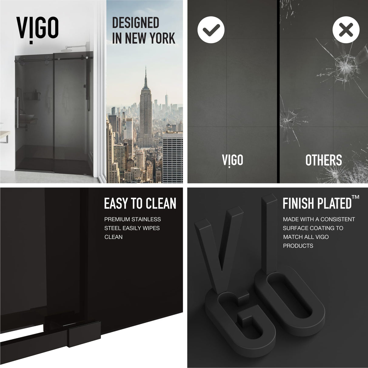 VIGO Adjustable 56-60" W x 74" H Elan Frameless Sliding Shower Door with Black Tint Tempered Glass, Reversible Handle in Matte Black