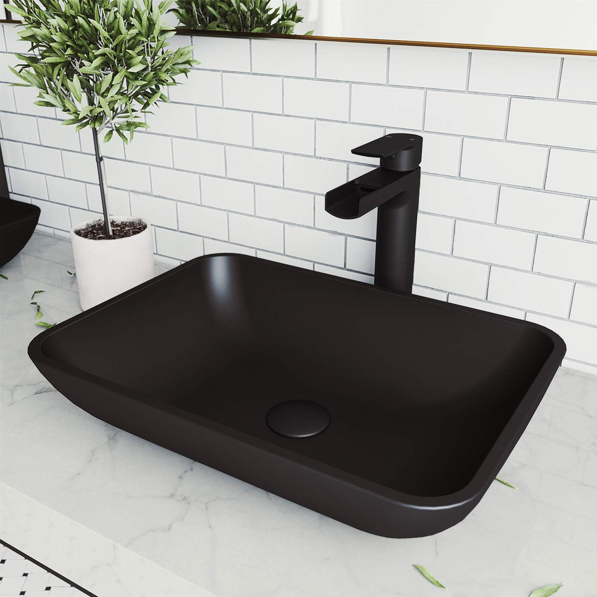 VIGO Sottile 18.125 inch L x 13 inch W Over the Counter Freestanding MatteShellTM Rectangular Vessel Bathroom Sink in Black - Sink for Bathroom VG07110