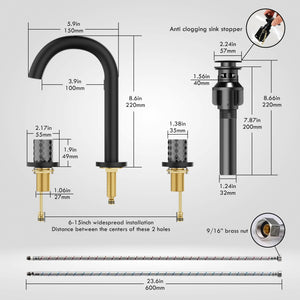 Bathroom Sink Faucet 3 Hole, 8 Inch Widespread Bathroom Faucets, Sink Faucet Black with Pop-up Drain & Hose