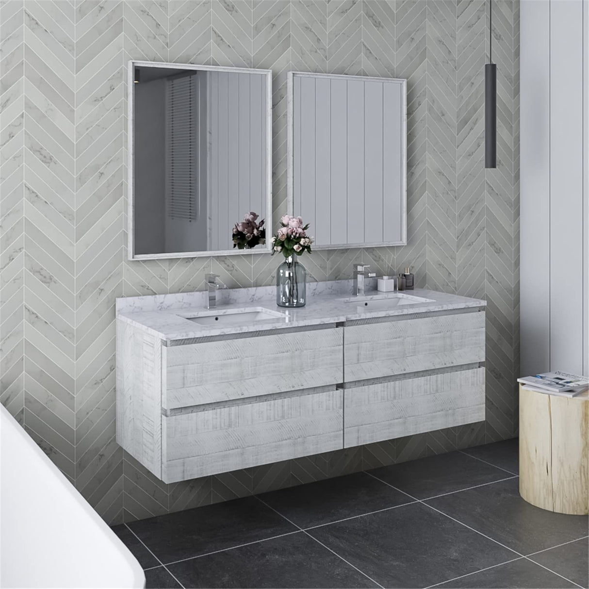 Fresca FVN31-3030RWH Fresca Formosa 60" Wall Hung Double Sink Modern Bathroom Vanity w/ Mirrors in Rustic White