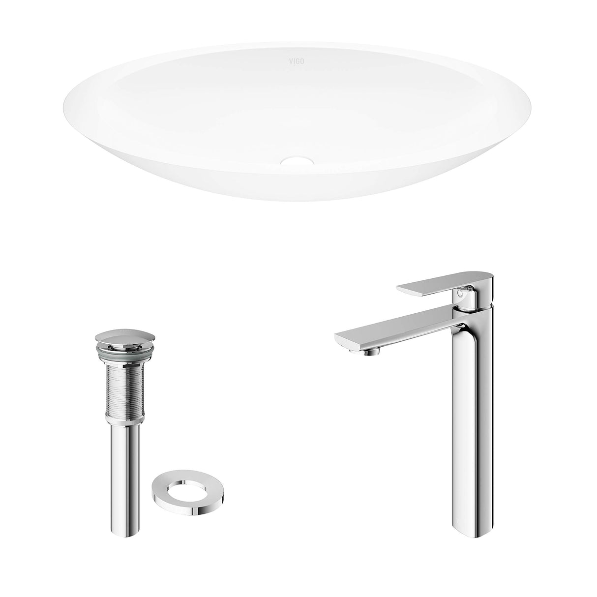 VIGO VGT1283 13.5" L -23.13" W -10.75" H Handmade Countertop Matte Stone Oval Vessel Bathroom Sink Set in Matte White Finish with Chrome Single-Handle Single Hole Faucet and Pop Up Drain