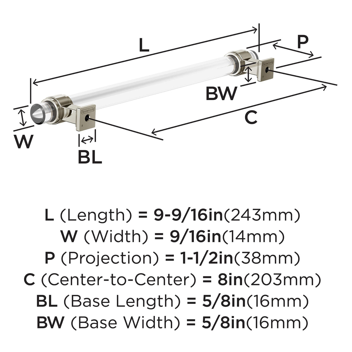 Amerock BP36661CPN Clear/Polished Nickel Cabinet Pull 8 in (203 mm) Center-to-Center Cabinet Handle Glacio Drawer Pull Kitchen Cabinet Handle Furniture Hardware