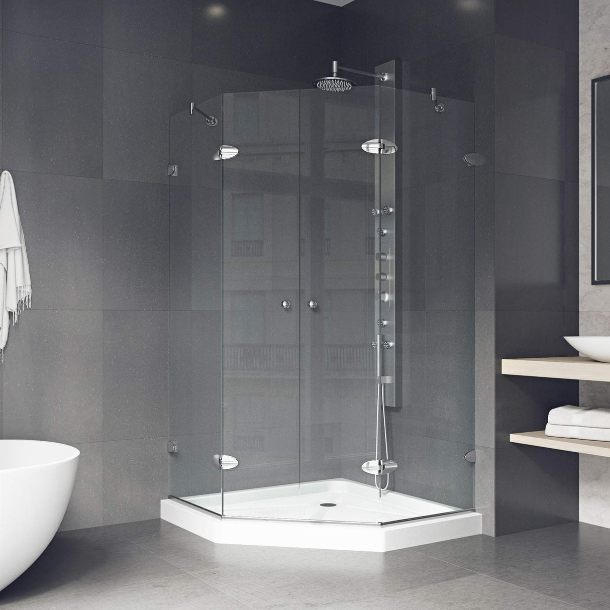 VIGO VG6063CHCL42WS 42.0" -42.0" W -76.75" H Frameless Hinged Neo-angle Shower Enclosure with Clear 0.38" Tempered Glass and Stainless Steel Hardware in Chrome Finish with Reversible Handle and Base