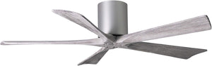 Matthews Fan IR5H-BN-BW-52 Irene-5H five-blade flush mount paddle fan in Brushed Nickel finish with 52” solid barn wood tone blades. 