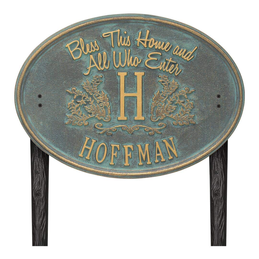 Whitehall 2824BV - Bless This Home Monogram Oval Plaque, Standard Lawn 1-line
