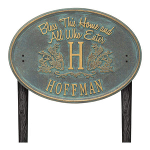 Whitehall 2824BV - Bless This Home Monogram Oval Plaque, Standard Lawn 1-line