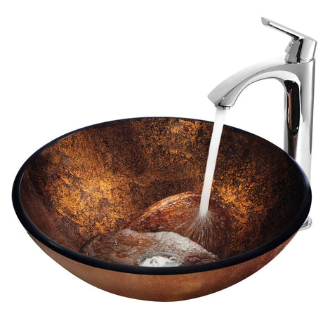 VIGO VGT110 16.5" L -16.5" W -12.38" H Handmade Countertop Glass Round Vessel Bathroom Sink Set in Gold and Brown Fusion Finish with Chrome Single-Handle Single Hole Faucet and Pop Up Drain