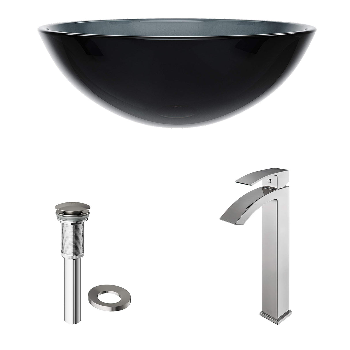 VIGO VGT252 16.5" L -16.5" W -12.0" H Sheer Handmade Countertop Glass Round Vessel Bathroom Sink Set in Sheer Black Finish with Chrome Single-Handle Single Hole Faucet and Pop Up Drain