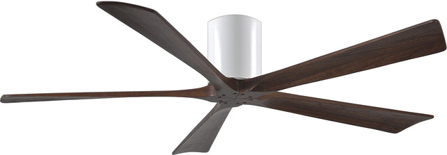 Matthews Fan IR5H-WH-WA-60 Irene-5H five-blade flush mount paddle fan in Gloss White finish with 60” solid walnut tone blades. 