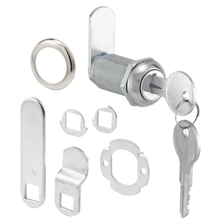 Prime-Line U 9950 Drawer and Cabinet Lock – Secure Important Files and Drawers, 1-3/8 in., Diecast Stainless Steel, Fits on 1 in. Max Panel Thickness, Keyed Different (1 Kit)