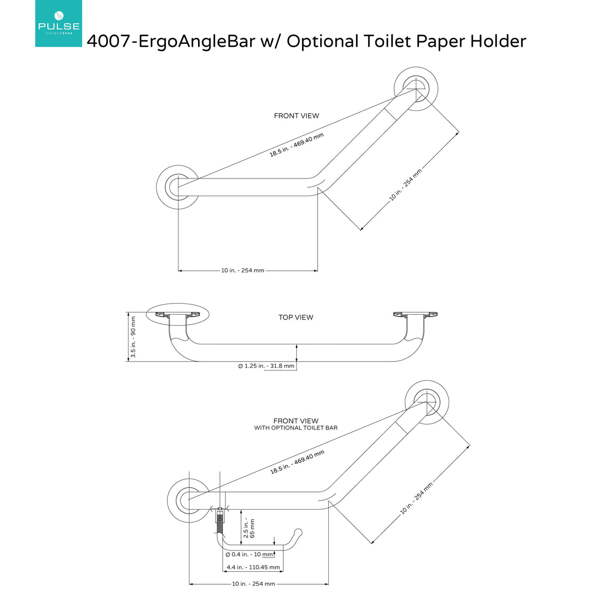 PULSE Showerspas 4007-SSP ErgoAngleBar with Optional Toilet Paper Holder, ADA Compliant Steel Grab Bar, Polished Stainless