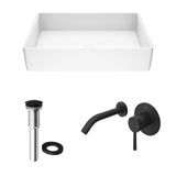 VIGO VGT993 13.88" L -21.25" W -4.5" H Handmade Countertop White Matte Stone Rectangle Vessel Bathroom Sink Set in Matte White Finish with Matte Black Single-Handle Wall Mount Faucet and Pop Up Drain