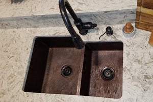 Premier Copper Products K60DB33229 33-Inch Hammered Copper Kitchen 60/40 Double Basin Sink, Oil Rubbed Bronze
