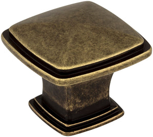 Jeffrey Alexander 1091AEM 1-3/16" Overall Length Lightly Distressed Antique Brass Square Milan 1 Cabinet Knob