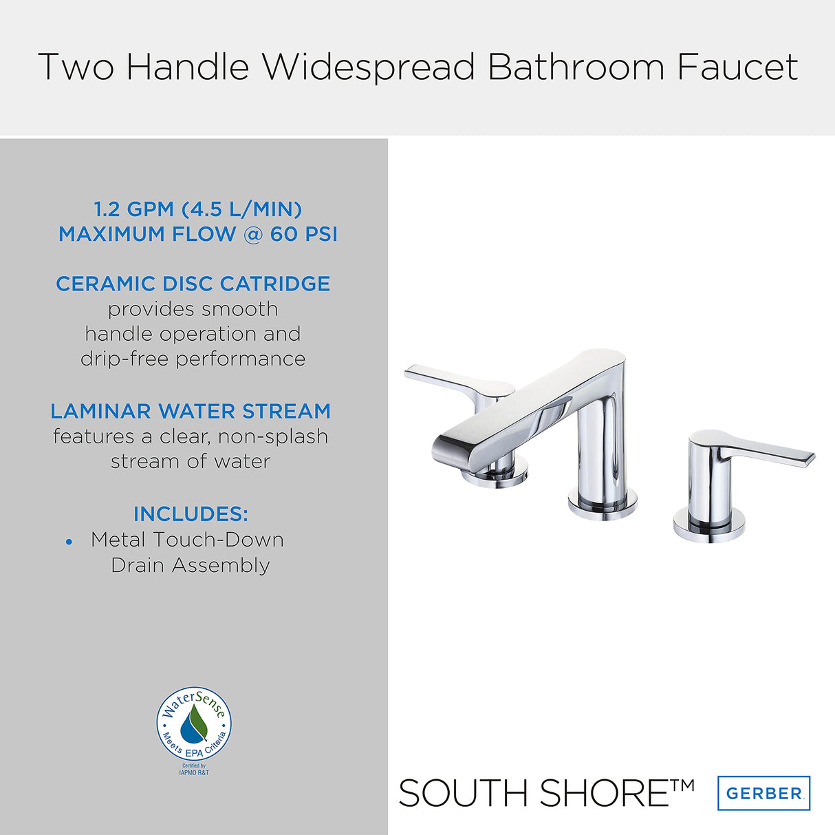 Gerber D304187 Chrome South Shore Two Handle Widespread Lavatory Faucet