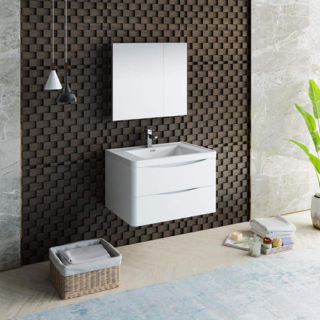 Fresca FVN9032WH Fresca Tuscany 32" Glossy White Wall Hung Modern Bathroom Vanity w/ Medicine Cabinet