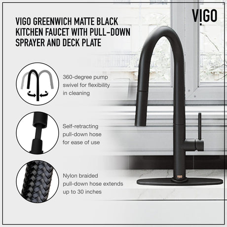 VIGO VG02029MBK1 18" H Greenwich Single-Handle with Pull-Down Sprayer Kitchen Faucet with Deck Plate in Matte Black