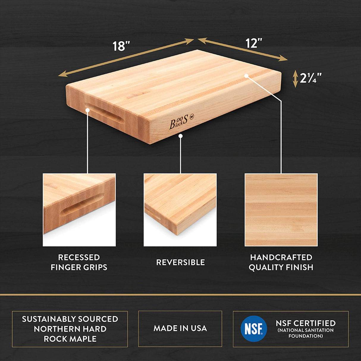 John Boos RA01 Maple Wood Cutting Board for Kitchen Prep 18 Inches x 12 Inches, 2.25 Thick Reversible End Grain Rectangular Charcuterie Block 18X12X2.25 MPL-EDGE GR-REV-GRIPS-