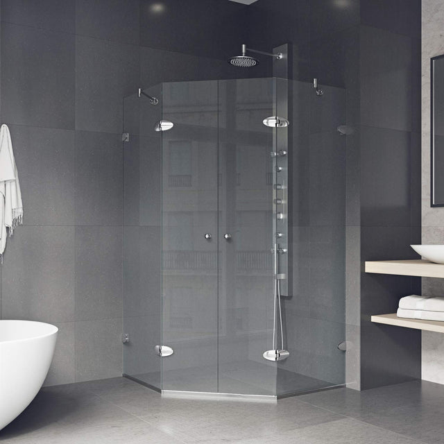 VIGO VG6063CHCL42 40.0" -40.0" W -73.38" H Frameless Hinged Neo-angle Shower Enclosure with Clear 0.38" Tempered Glass and Stainless Steel Hardware in Chrome Finish with Reversible Handle