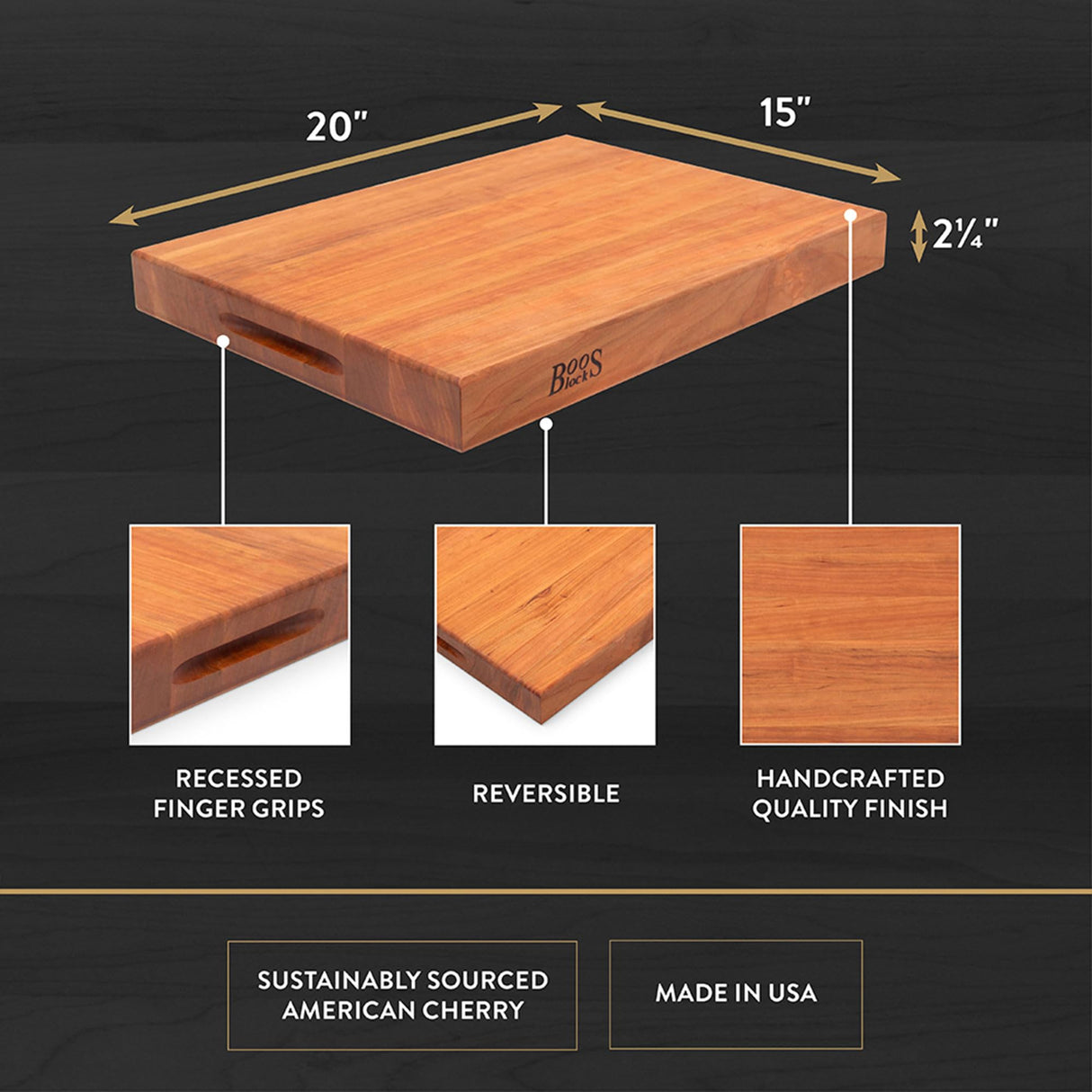 John Boos CHY-RA02 Cherry Wood Cutting Board for Kitchen Prep 20 Inches x 15 Inches, 2.25 Thick Reversible End Grain Rectangular Charcuterie Block 20X15X2.25 CHY-EDGE GR-REV-RA BRD-