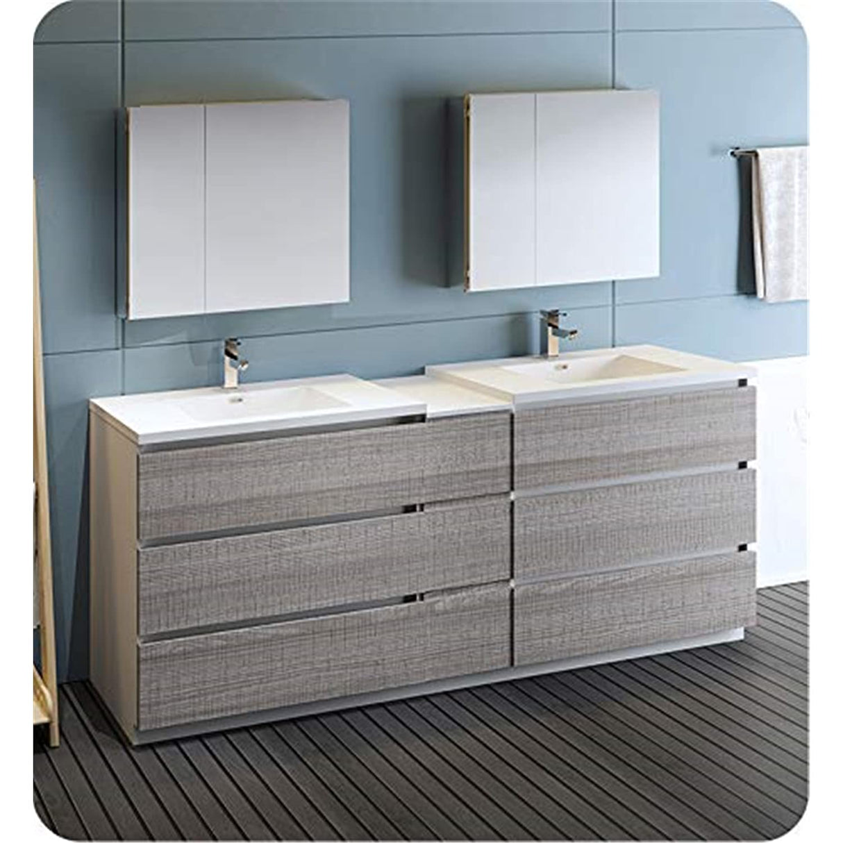 Fresca FVN93-361236HA-D Fresca Lazzaro 84" Glossy Ash Gray Free Standing Double Sink Modern Bathroom Vanity w/ Medicine Cabinet