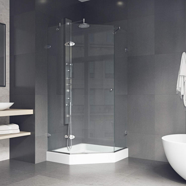 VIGO VG6061CHCL38W 38.13" -38.13" W -78.75" H Frameless Hinged Neo-angle Shower Enclosure with Clear 0.38" Tempered Glass and Stainless Steel Hardware in Chrome Finish with Reversible Handle and Base