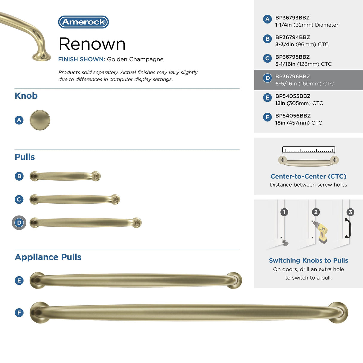 Amerock Cabinet Pull Golden Champagne 6-5/16 in (160 mm) Center-to-Center Drawer Pull Renown Kitchen and Bath Hardware Furniture Hardware