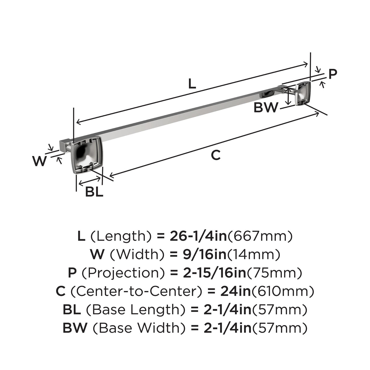 Amerock BH3609426 Chrome Towel Bar 24 in (610 mm) Towel Rack Stature Bathroom Towel Holder Bathroom Hardware Bath Accessories