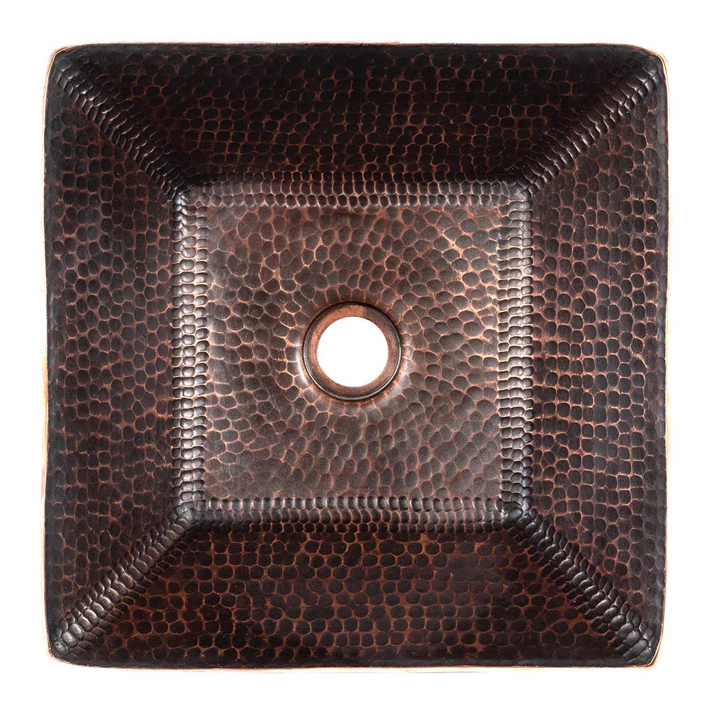 Premier Copper Products PVSQ14DB 14-Inch Square Hand Forged Old World Copper Vessel Sink