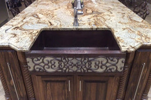 Premier Copper Products 33-Inch Hammered Copper Apron Front Single Basin Kitchen Sink w/ Scroll Design and Nickel Background