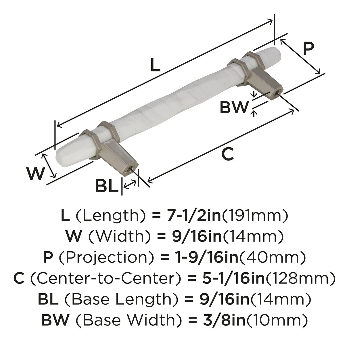 Amerock Cabinet Pull Marble White/Satin Nickel  5-1/16 inch (128 mm) Center to Center Carrione 1 Pack Drawer Pull Drawer Handle Cabinet Hardware