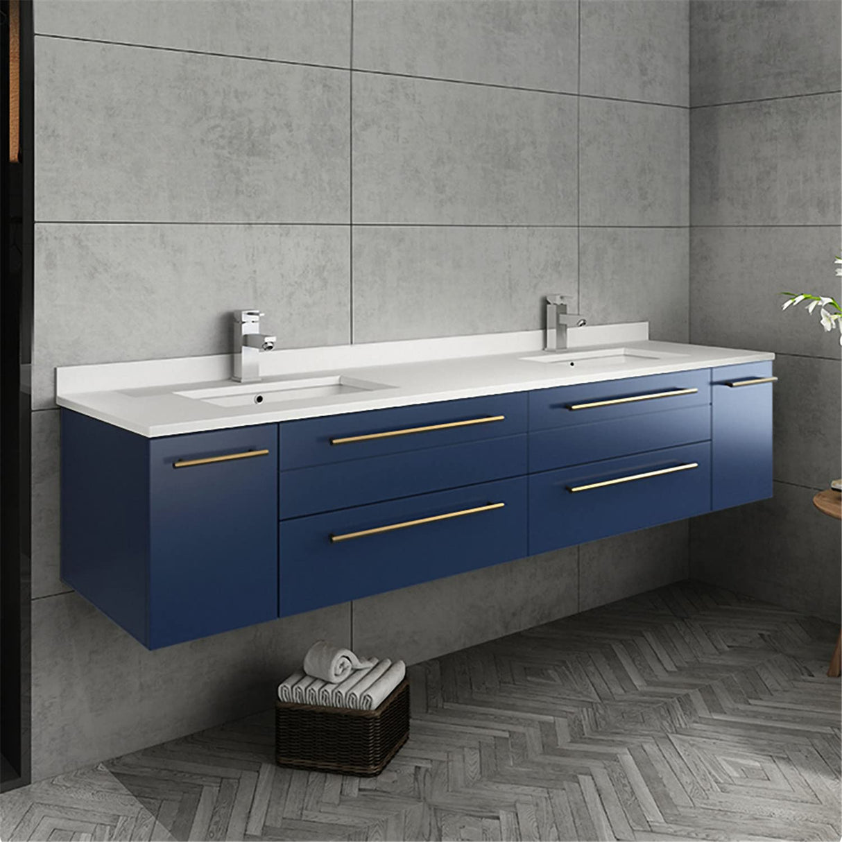 Fresca FVN6172RBL-UNS-D Fresca Lucera 72" Royal Blue Wall Hung Double Undermount Sink Modern Bathroom Vanity w/ Medicine Cabinets