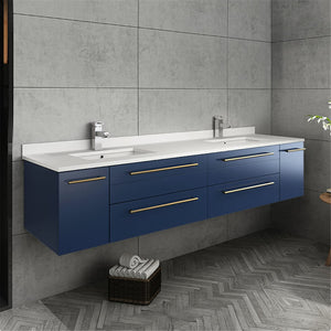 Fresca FVN6172RBL-UNS-D Fresca Lucera 72" Royal Blue Wall Hung Double Undermount Sink Modern Bathroom Vanity w/ Medicine Cabinets