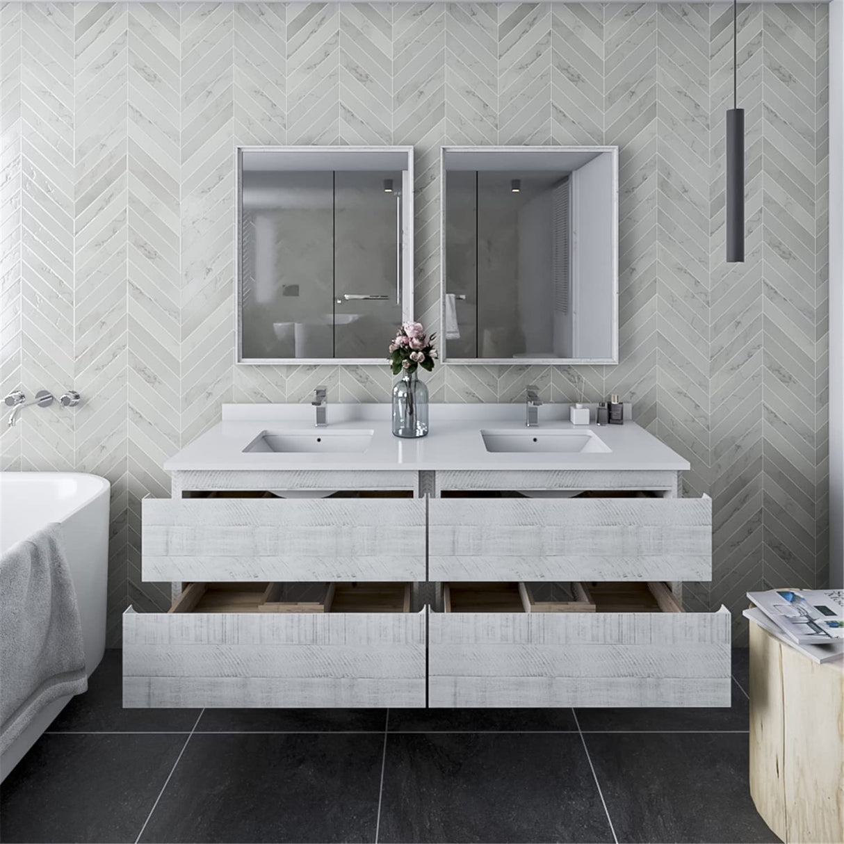 Fresca FVN31-3030RWH Fresca Formosa 60" Wall Hung Double Sink Modern Bathroom Vanity w/ Mirrors in Rustic White