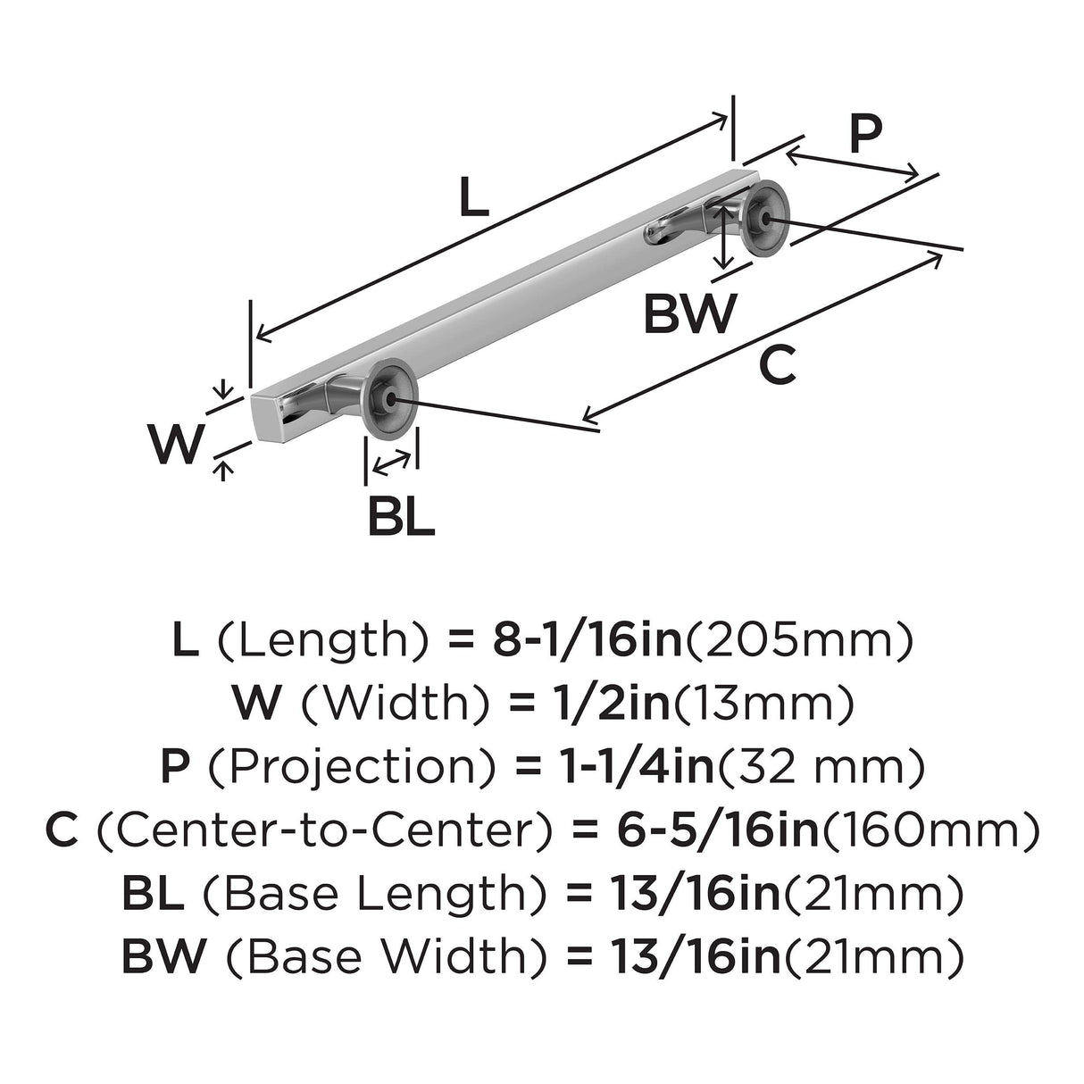 Amerock Corp BP3710626 Everett Pull, 6-5/16 in (160 mm) Center-to-Center, Polished Chrome