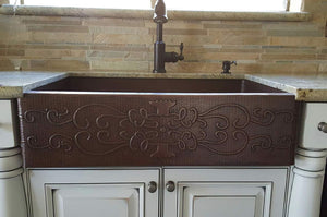 Premier Copper Products KASDB33229S 33-Inch Hammered Copper Kitchen Apron Single Basin Sink with Scroll Design, Oil Rubbed Bronze