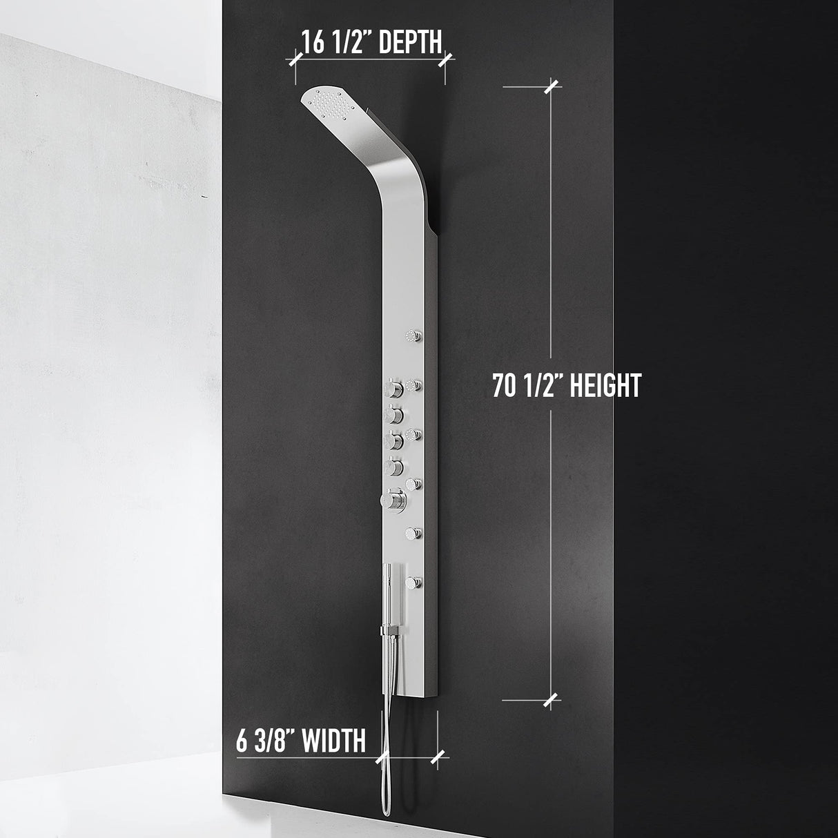 VIGO VG08005 Brielle 2.75" -6.38" W -70.5" H Shower Massage Panel 6 -Jet High Pressure Shower System with Thermostatic, Volume, Dual Function Control Type, Brass Hardware in Stainless Steel Finish