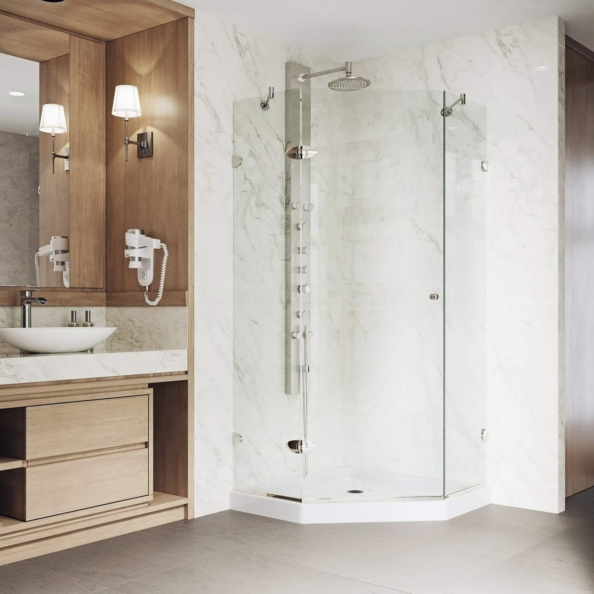 VIGO VG6061BNCL38WS 38.0" -38.13"W -76.75"H Frameless Hinged Neo-angle Shower Enclosure with Clear 0.38" Tempered Glass Stainless Steel Hardware in Brushed Nickel Finish, Reversible Handle and Base