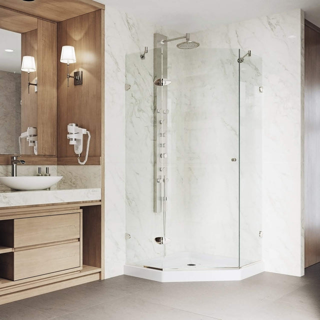 VIGO VG6061BNCL38WS 38.0" -38.13"W -76.75"H Frameless Hinged Neo-angle Shower Enclosure with Clear 0.38" Tempered Glass Stainless Steel Hardware in Brushed Nickel Finish, Reversible Handle and Base