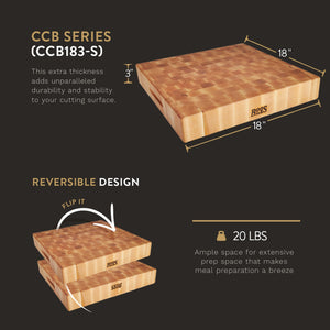 John Boos CCB183-S Large Maple Wood Cutting Board for Kitchen 18 x Inches, 3 Inches Thick Reversible End Grain Charcuterie Block with Finger Grips 18X18X3 MPL-END GR-REV-GR