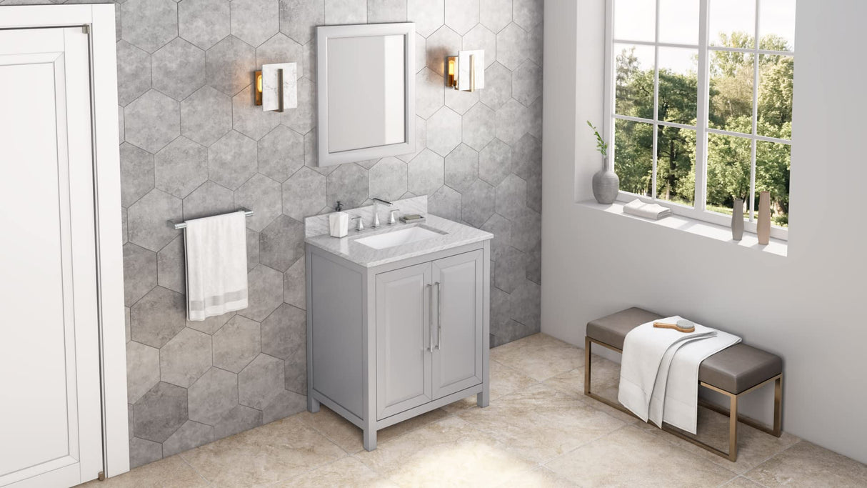 Jeffrey Alexander VKITCAD30WHSGR 30" White Cade Vanity, Steel Grey Cultured Marble Vanity Top, undermount rectangle bowl