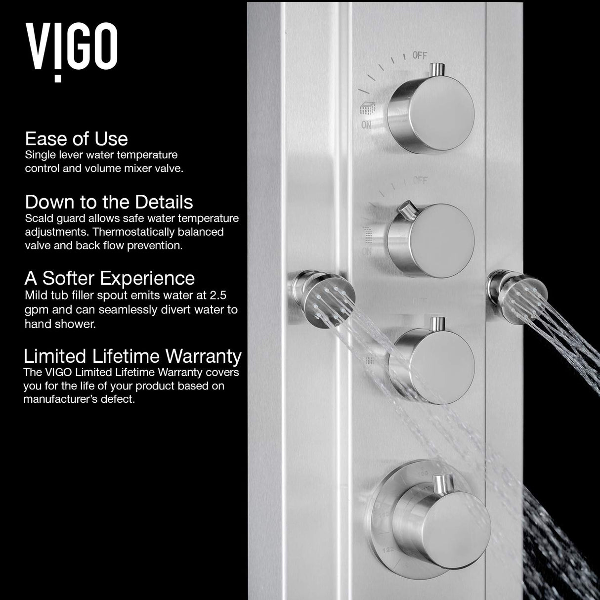 VIGO VG08008 Mateo 20.5" -7.13" W -59.5" H Shower Massage Panel 6 -Jet High Pressure Shower System with Thermostatic, Volume, Dual Function Control Type, Brass Hardware in Stainless Steel Finish