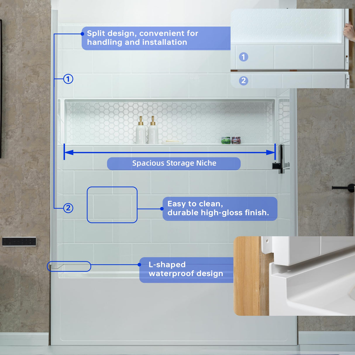 New England Home Goods 60” x 32” Four-Piece Direct-to-Stud Alcove Tub Surround with Left-Drain Hole Soaking Bathtub Combo in White