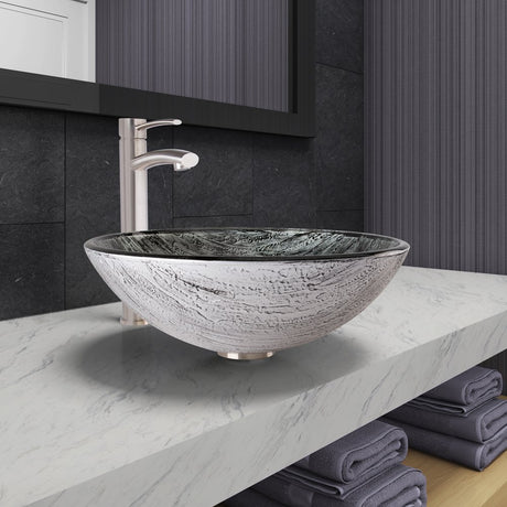 VIGO VGT1057 16.5" L -16.5" W -12.5" H Titanium Handmade Glass Round Vessel Bathroom Sink Set in Slate Grey Finish with Brushed Nickel Single-Handle Single Hole Faucet and Pop Up Drain