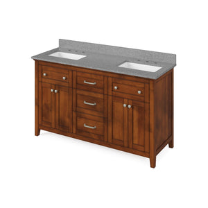 Jeffrey Alexander VKITCHA60CHSGR 60" Chocolate Chatham Vanity, double bowl, Steel Grey Cultured Marble Vanity Top, two undermount rectangle bowls