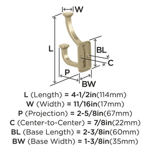 Amerock H37007BBZ Alder Double Prong Decorative Wall Hook Golden Champagne Hook for Coats, Hats, Backpacks, Bags Hooks for Bathroom, Bedroom, Closet, Entryway, Laundry Room, Office