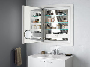 Kohler Verdera 24" x 30" Lighted Single Door Medicine Cabinet with Three Shelves, Built-in Outlets and Flip Out Magnifying Mirror - CA Title 24 Compliant