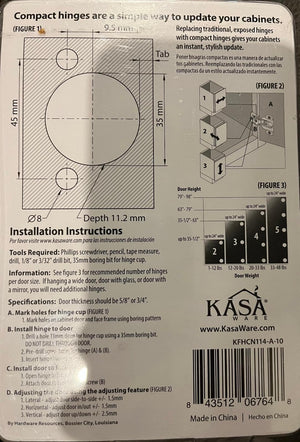 KasaWare KFHCN114-A-10 1-1/4" Overlay Compact Hinge, 10-pack