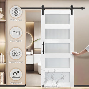 48 in x 84 in Glass Sliding MDF Barn Door with 8FT Sliding Door Hardware Kit, 5 Tempered Frosted Glass, Slab Inside Covered with Water-Proof PVC Surface, Simple DIY Assembly (Showroom Display for Sale)